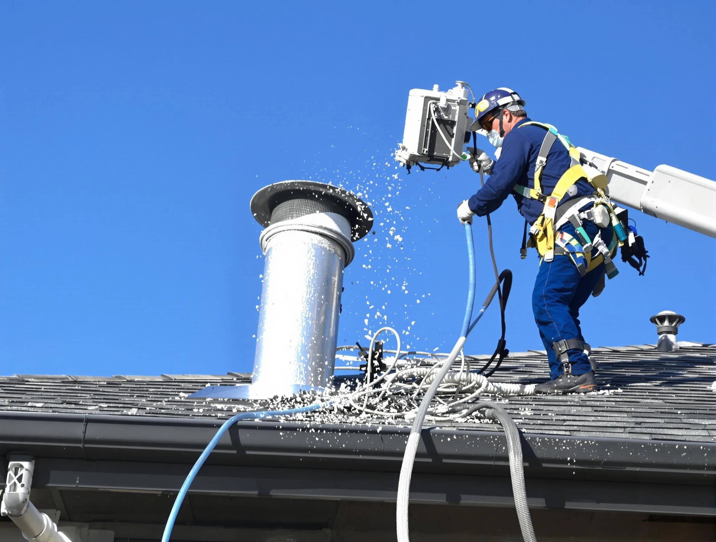 Lehi Dryer Vent Cleaning certified technician safely cleaning a roof-mounted dryer vent in Lehi