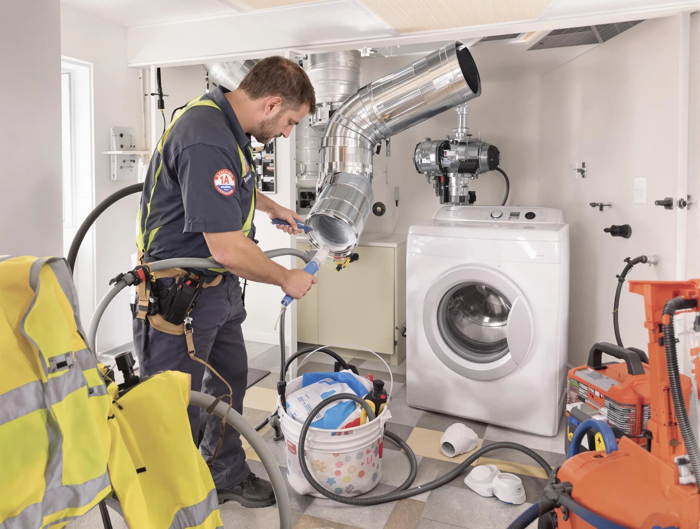 Lehi Dryer Vent Cleaning technician using specialized equipment to clear severe dryer vent blockage in Lehi
