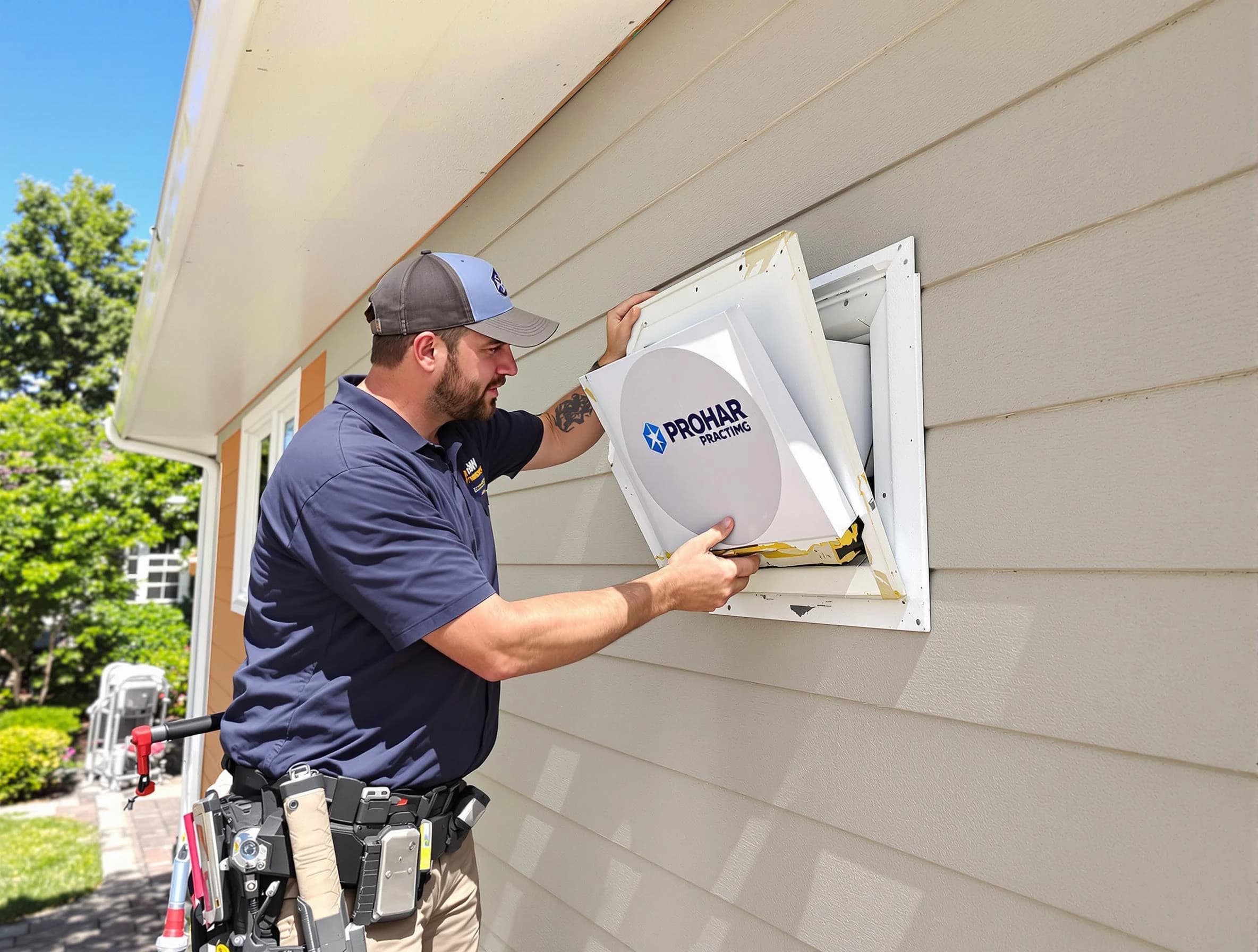 Lehi Dryer Vent Cleaning technician installing a new protective dryer vent cover on a home in Lehi