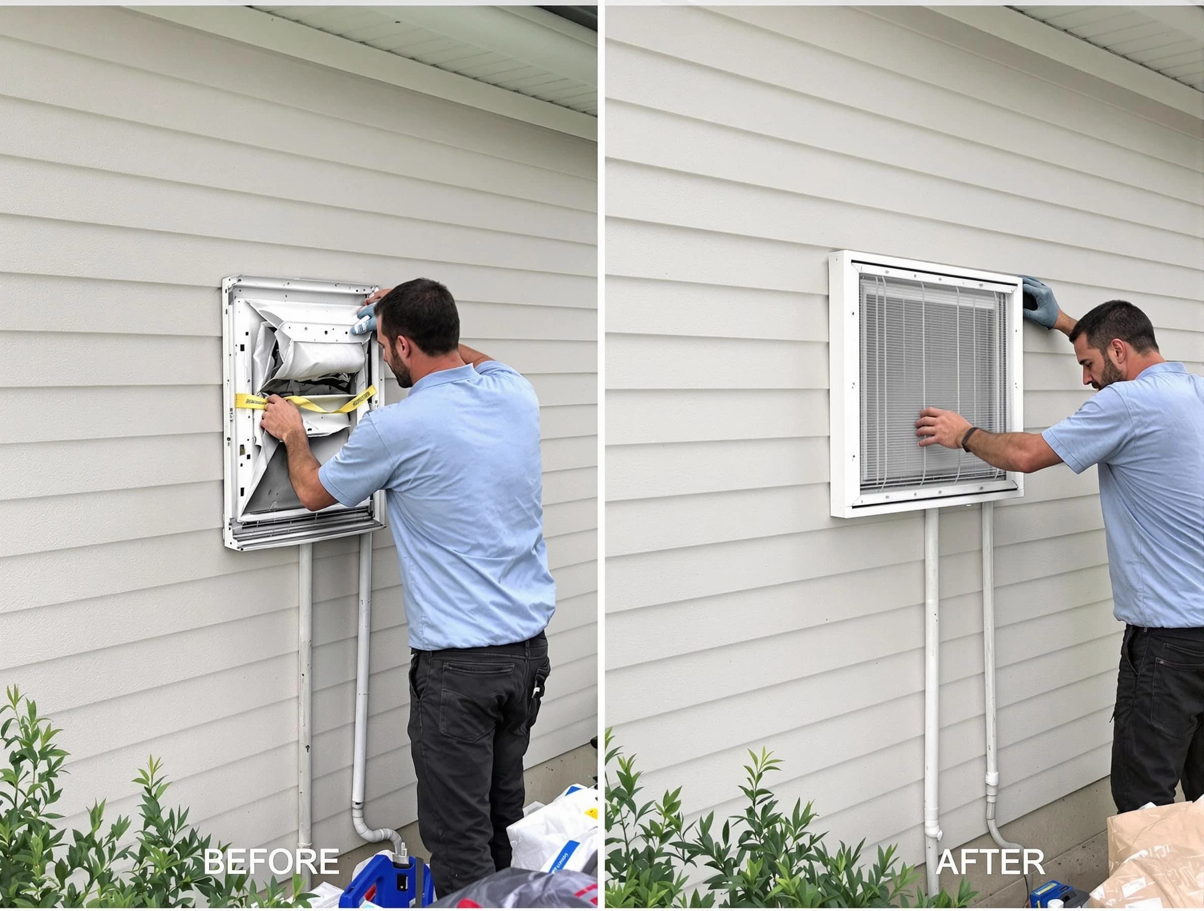 Lehi Dryer Vent Cleaning technician installing high-quality dryer vent cover at a residential property in Lehi