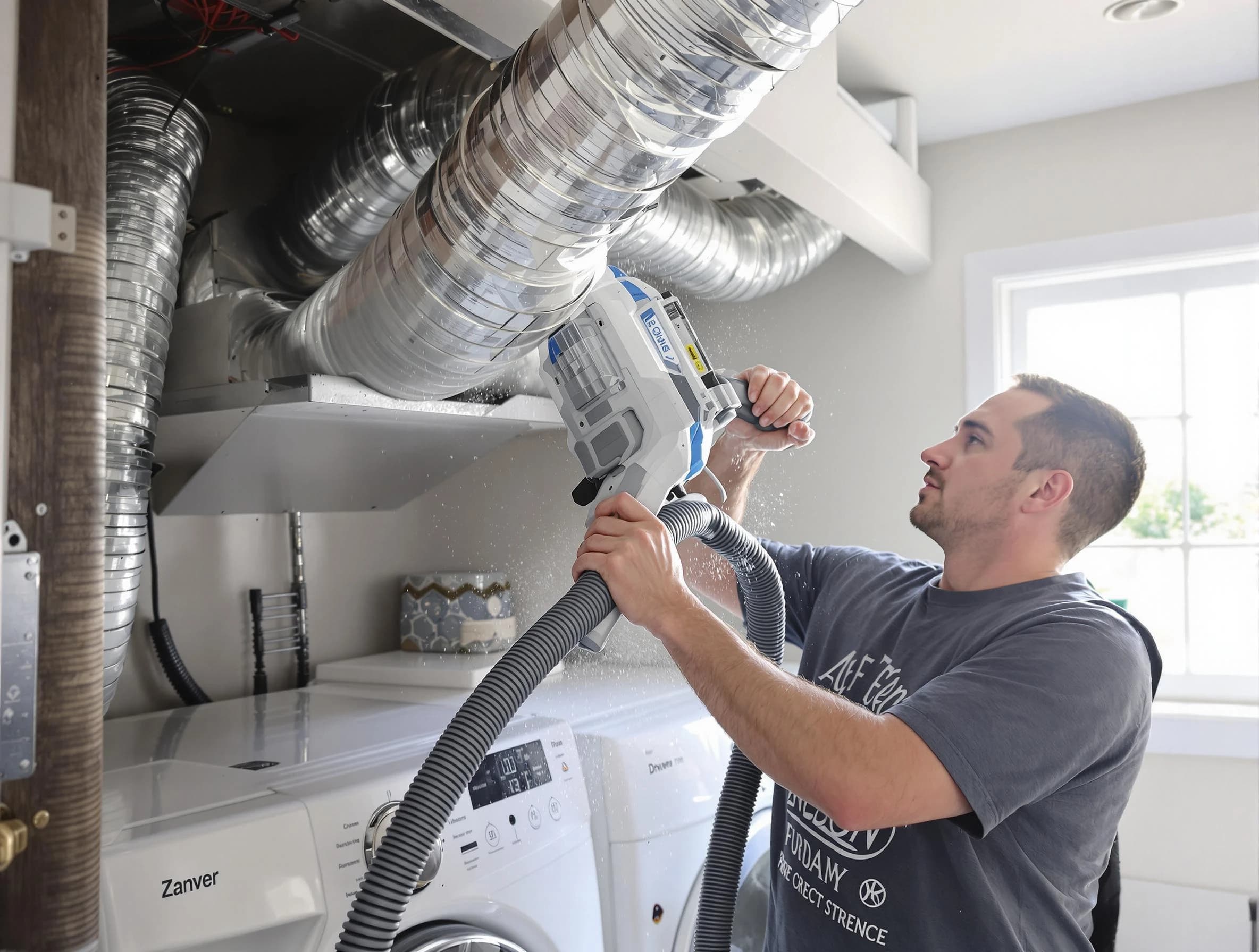 Lehi Dryer Vent Cleaning specialist cleaning deep within a dryer vent duct system in Lehi