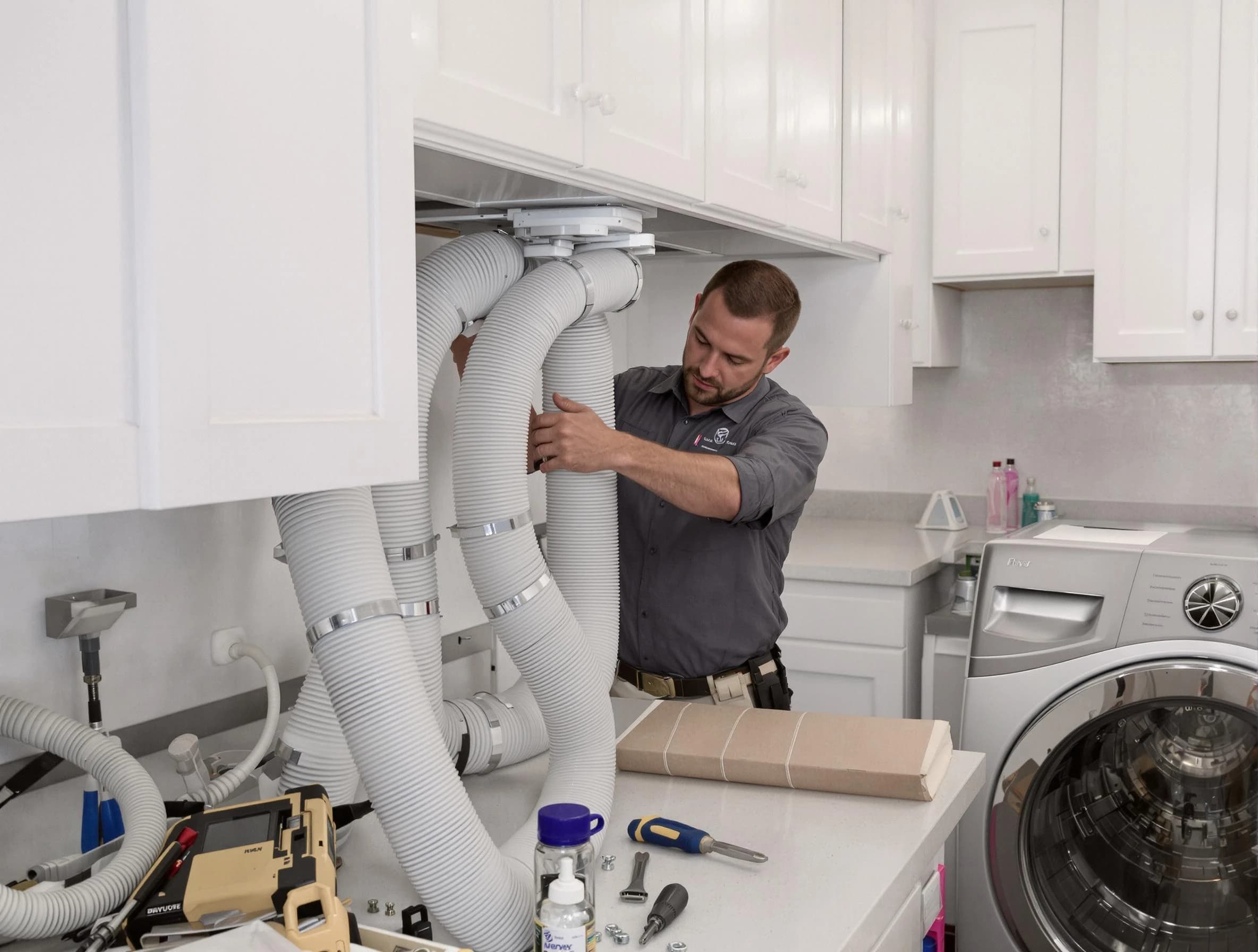 Lehi Dryer Vent Cleaning technician installing a new professional-grade dryer vent hose in Lehi